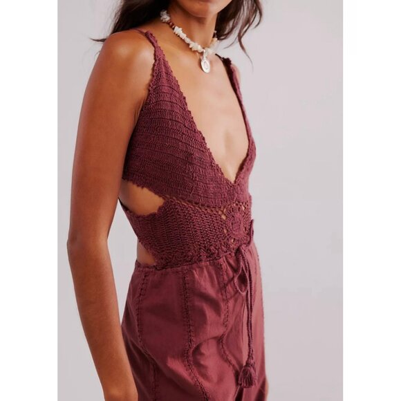 Free People Freya Crochet One Piece Jumpsuit in Brown XL NWT - Picture 6 of 11